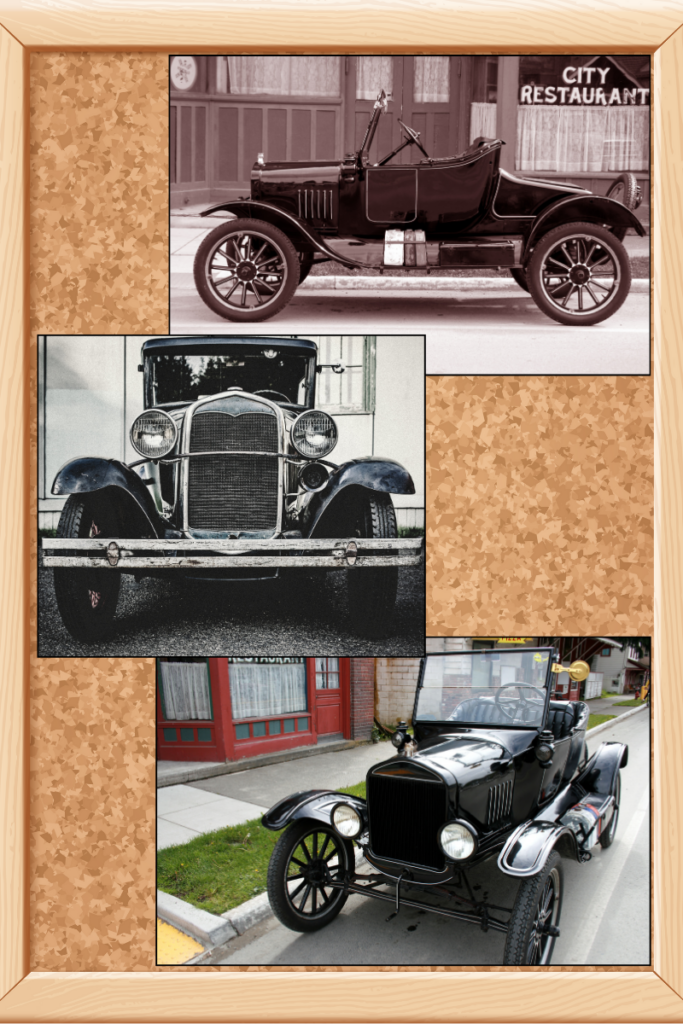 a corkboard with 3 model t ford photos on it